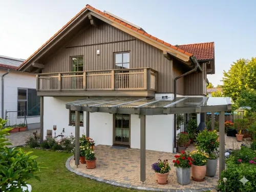 Holzbalkon mit Überdachung